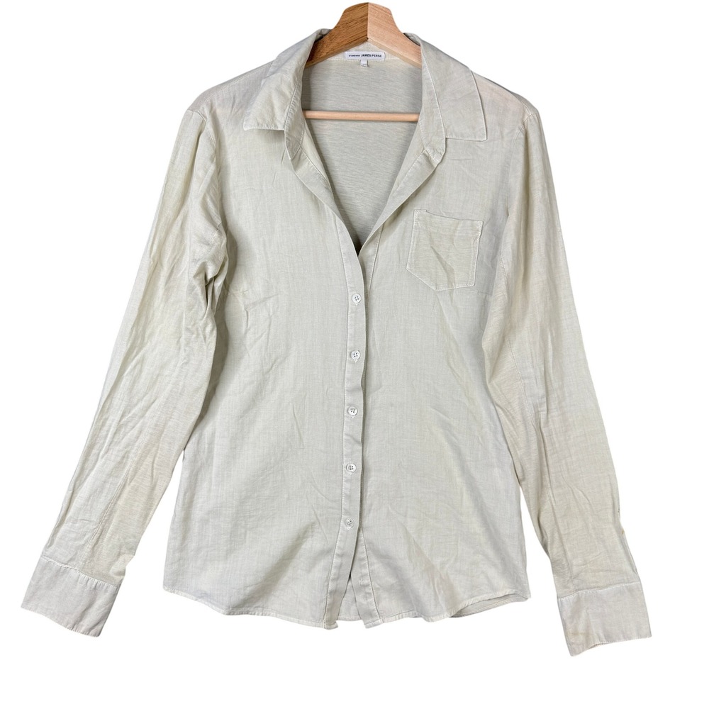 James Perse WLC3798 Beige Cotton Button Up Long Sleeve Shirt Size 2 Made in USA